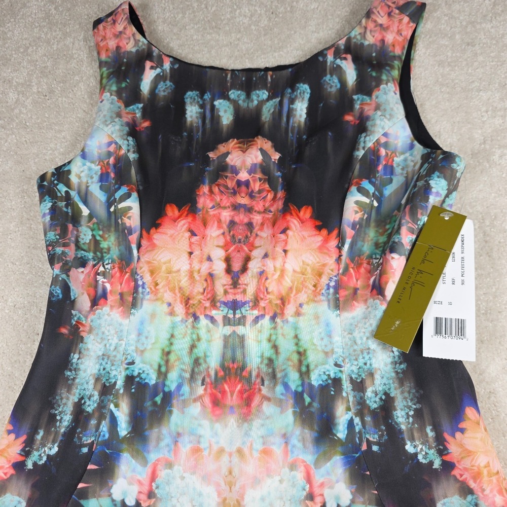 Nicole Miller Dress Womens‎ 10 Black Blue Floral Canopy Neoprene V Back NWT